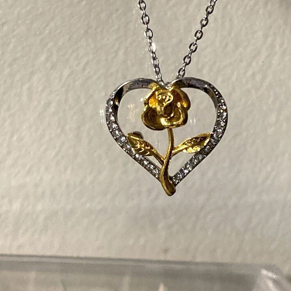 Gold rose silver heart love necklace